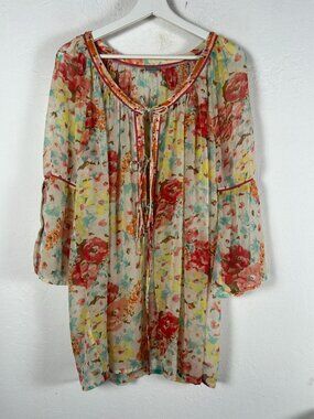Hoss Intropia Womens Watercolor Floral Chiffon Tunic Blouse Boho Peasant Size 40